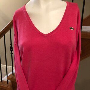 Lacoste Casual V Neck 100% Cotton Long Sleeve Sweater Hot Pink Size 40